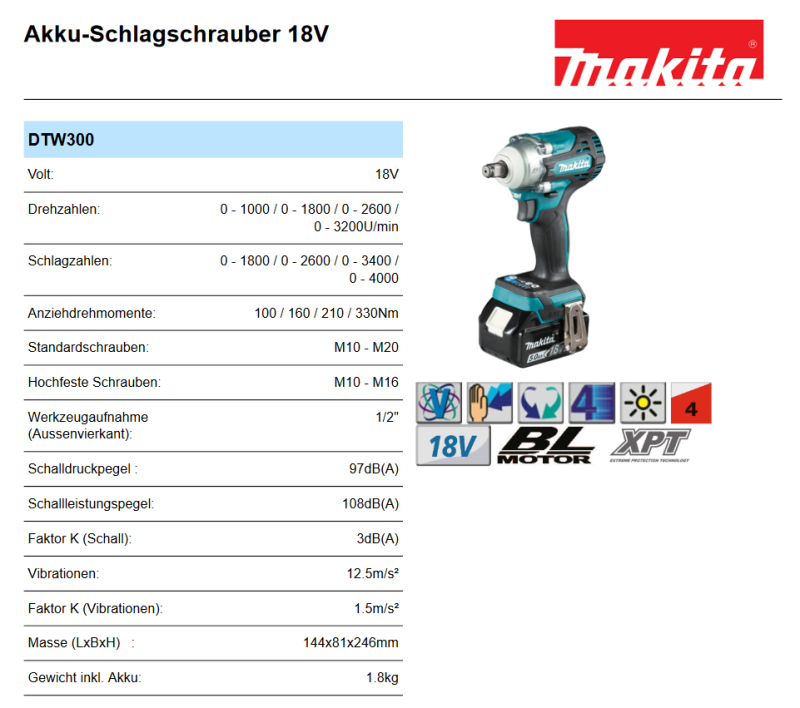 Makita Akku Schlagschrauber DTW300Z 18V 330Nm